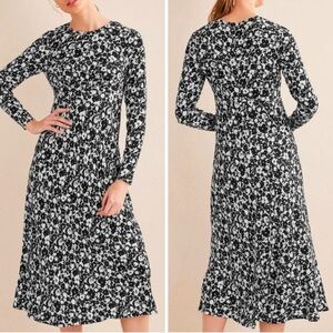 Boden Crew Neck Midi Tea Dress in Black Bloom Silhouette